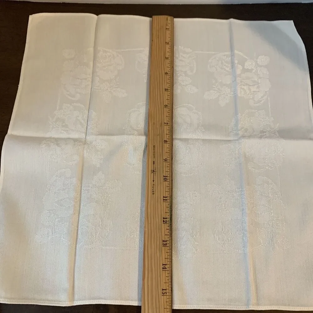 8 Floral Satin Brocade Dinner Napkins, Ivory Linen With Stitched Edge